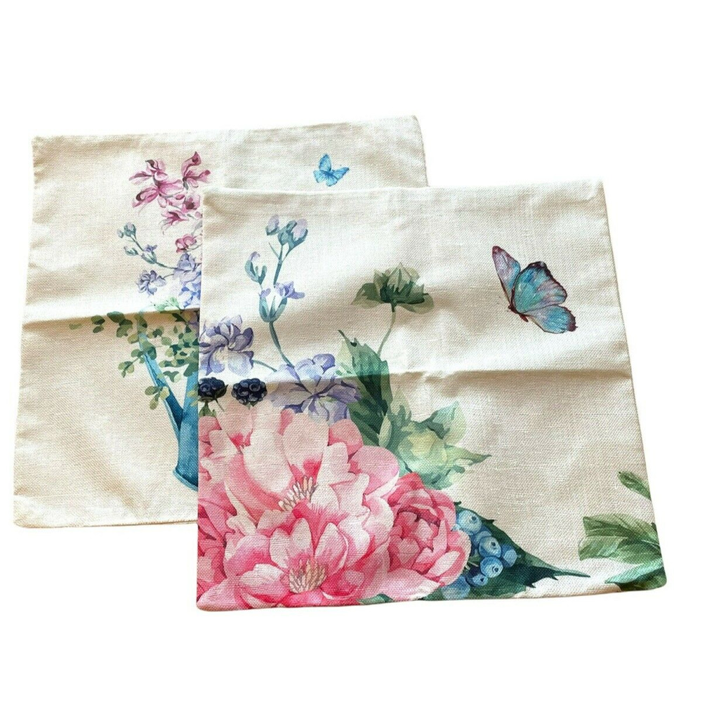 18" Outdoor/Indoor Burlap Pillow Shams Flowers Butterfly Watering Can Vase x2
